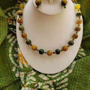 Yellow & Green Banded Agate Necklace & Earring Set w/Reversible Scarf & Earrings